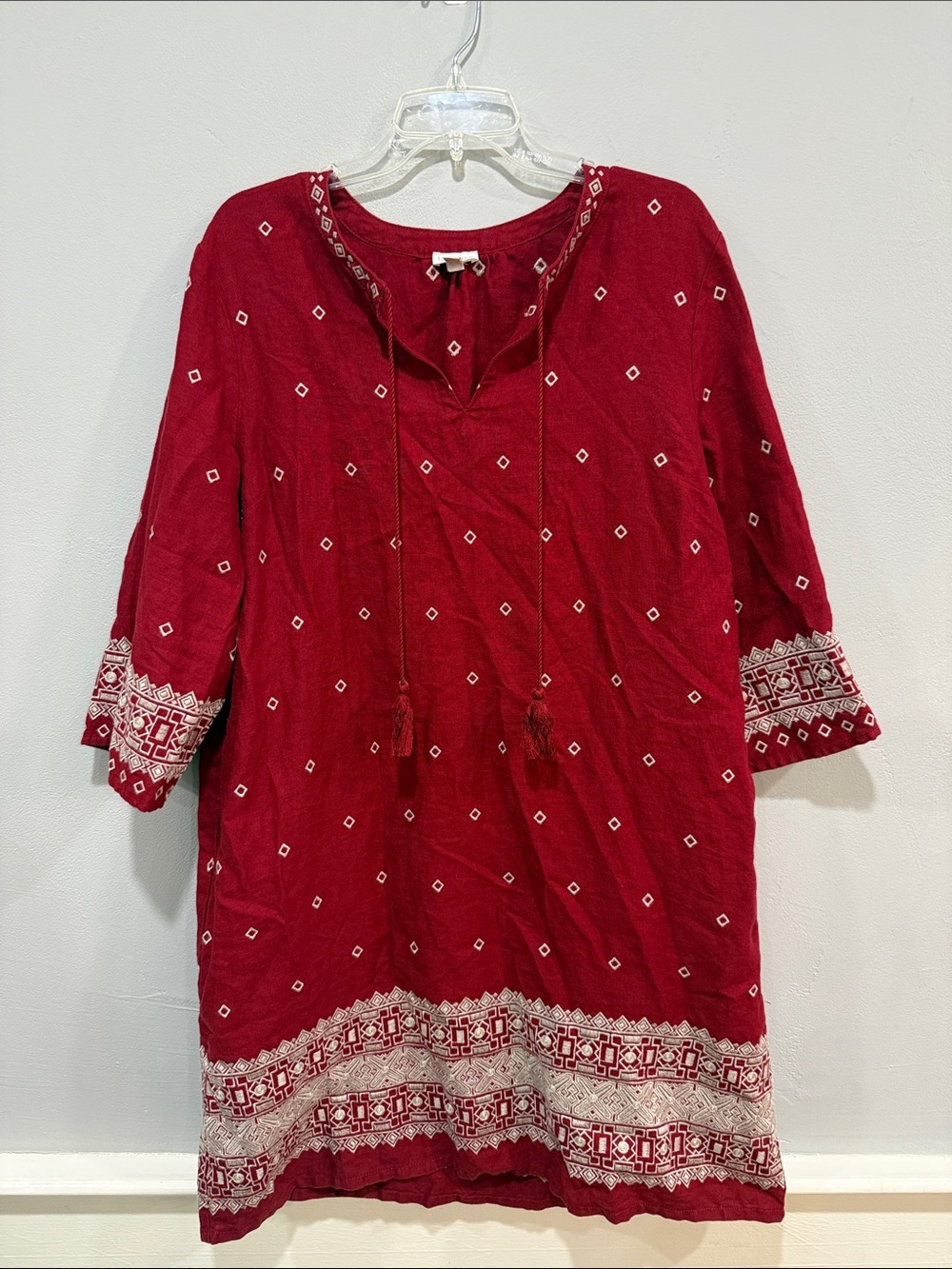 Garnet Hill 100% linen Red Embroidered Tassel Tunic Dress Size 12